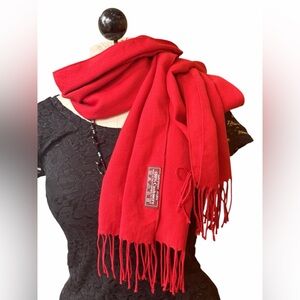 Italian 100% Cashmere Red Scarf Made in Italy Fringe Wrap